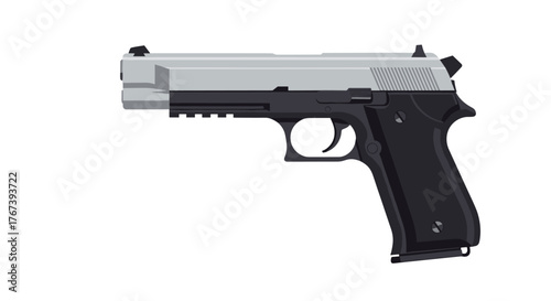 Modern silver and black handgun isolated on white background.