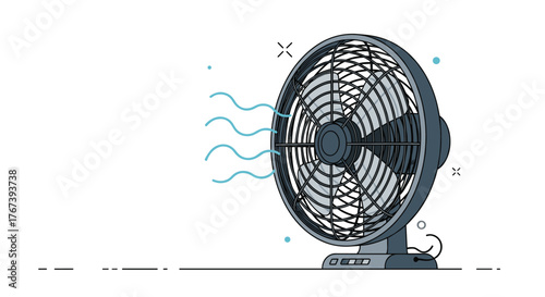 Electric fan illustration blowing air, cooling and refreshing the room.