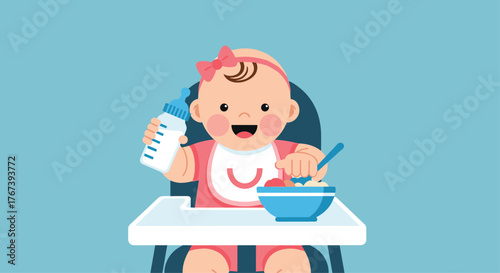 Happy baby in high chair eating food and drinking milk.