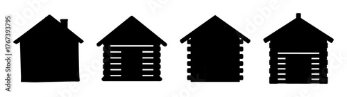 Collection of four distinct silhouette log cabin styles icons for rustic architecture and outdoor living