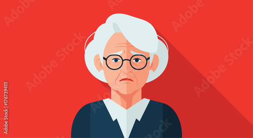 Elderly woman with glasses and white hair on red background.