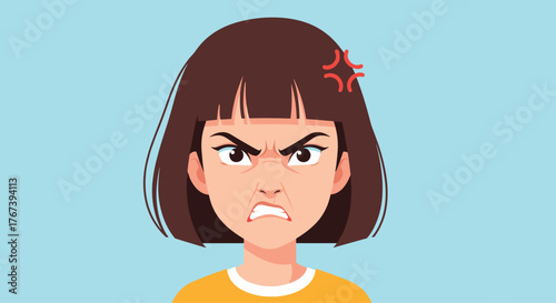 Angry woman with short brown hair and intense expression.