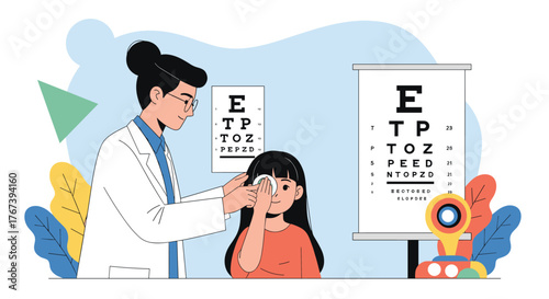 Eye doctor examining a young girls vision during an eye exam.