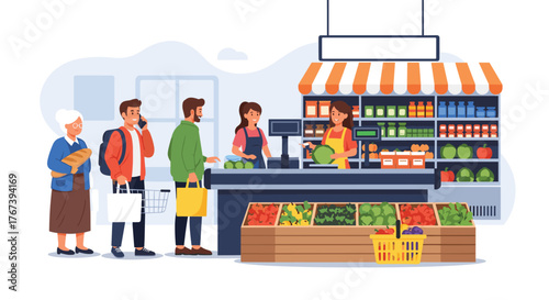 People waiting in line at a grocery store checkout counter.
