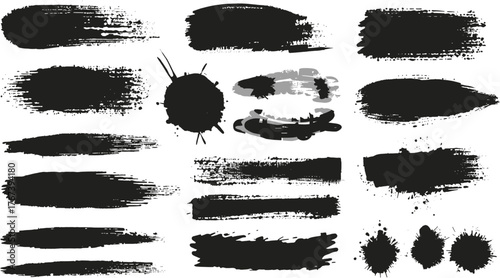 Collection of hand-drawn grunge brush strokes and ink splatters in black, perfect for design elements and artistic backgrounds, vector illustration.