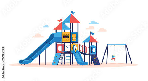 Colorful playground equipment for childrens outdoor recreation and fun.