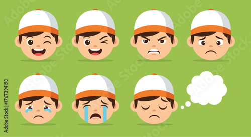 Diverse expressions of a cartoon boy with a white cap.