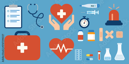 Set of medical elements in flat vector style: case, stethoscope, pills, thermometer, syringe, bandages, flasks, hands holding heart, emergency light, and stopwatch for healthcare design.