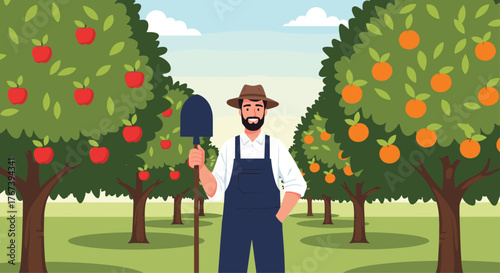 Farmer in orchard stands with shovel surrounded by fruit trees.