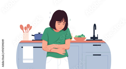 Woman experiencing stomach pain in the kitchen, feeling unwell.