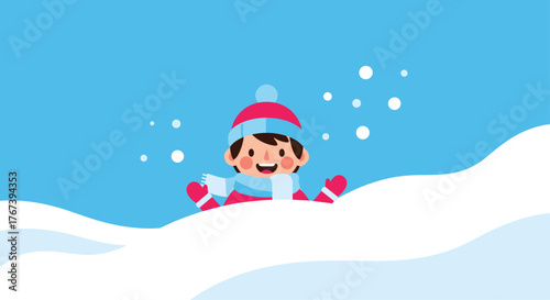 Happy child enjoying winter snow and playing outside in cold weather.