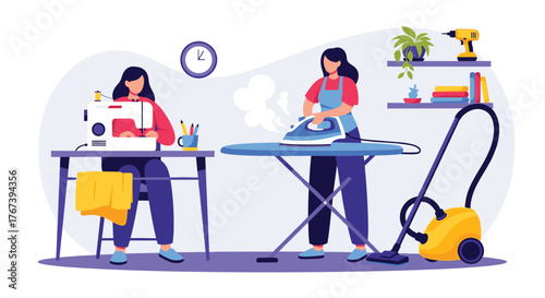 Woman doing sewing and ironing at home, domestic chores.