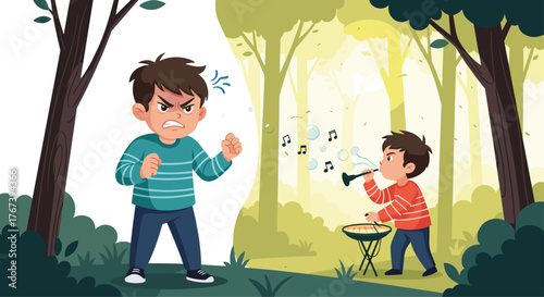 Angry boy confronts another playing music in the forest.