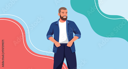 Man in blue shirt stands confidently with hands on pockets.