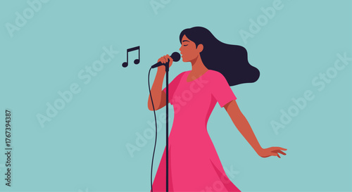 Woman Singing into Microphone with Musical Notes.