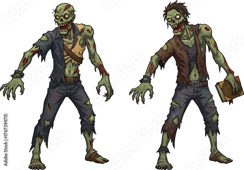 PrintCartoon zombies with rotting green skin, creepy undead monsters in torn clothes, one holding a book, horror, apocalypse, Halloween illustration