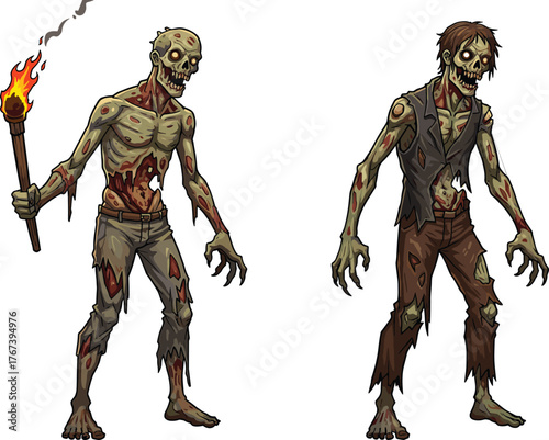 PrintCartoon zombies with decaying skin, creepy undead monsters in torn clothes, one holding a burning torch, horror, apocalypse, Halloween illustration