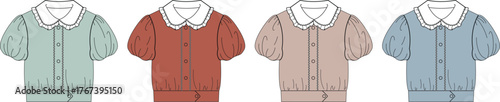 Collection of women's blouses with Peter Pan collars and puff sleeves in various colors. Fashion flat technical sketch for apparel design