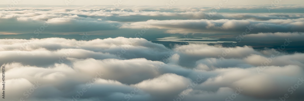 Obraz premium Dramatic Aerial View of White Fluffy Clouds Blanket with Sunlight from Above, clouds in the sky
