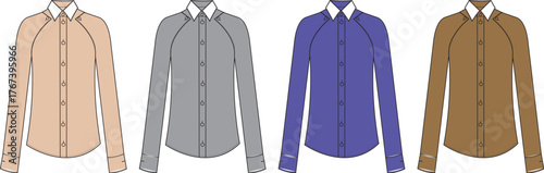 Four long-sleeved collared shirts displayed in a row, each in a different solid color on a white background