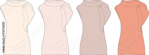 Fashion flat sketch template set of a women's sleeveless top with an elegant asymmetrical draped neckline in multiple colorways