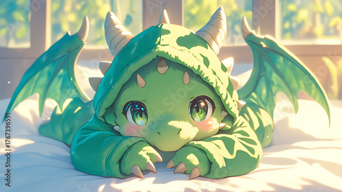 Anime kawaii dragon child wearing onesie costume