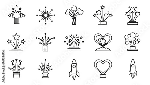 Vector Line Art Icons Featuring Fireworks, Rockets, and Festive Elements for Celebratory Graphic Design Projects