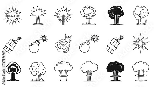 Diverse Explosion Icons Bomb Blasts and Nuclear Mushroom Clouds