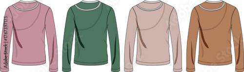 Stylish women's long-sleeve tops with unique draped front details and contrasting crew necks, in muted and earthy colors, perfect for modern apparel fashion