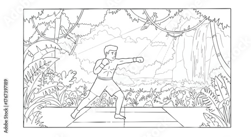Martial artist training in a lush jungle environment, practicing combat techniques in an outdoor arena amidst dense foliage and waterfalls