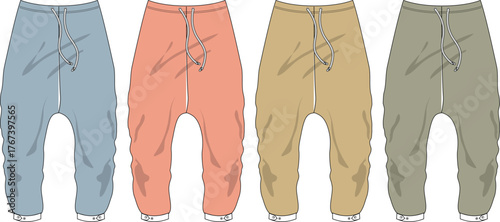 Collection of four different colored casual sweatpants with drawstrings, displayed side-by-side