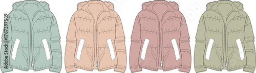 A collection of four stylish puffer jacket flat technical sketches, showcasing contemporary outerwear designs in diverse pastel colorways, ideal for fashion apparel development and merchandising