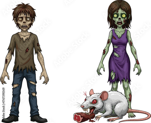 Creepy zombie man and evil rat monster illustration, horror artwork, undead character design, scary creature concept, Halloween spooky art, nightmare theme