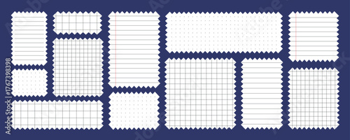 Zigzag note paper and torn frame with irregular. Squares and rectangles shapes. White blank sheet for notes or memo