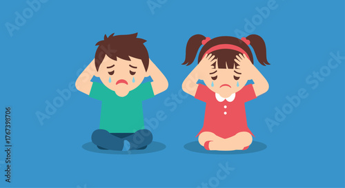Children with hands on heads showing sadness and distress.