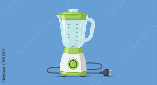 Green and white blender on a blue background.