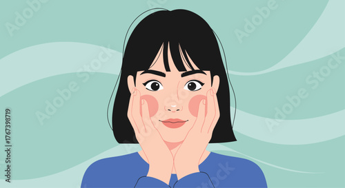 Young woman with hands on cheeks looking forward.