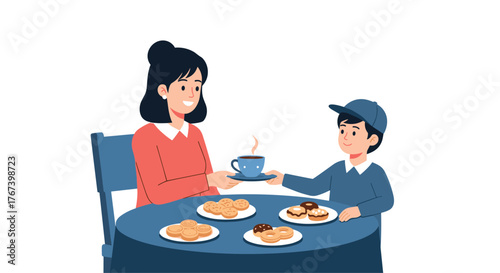 Mother and son enjoying breakfast together at a table.