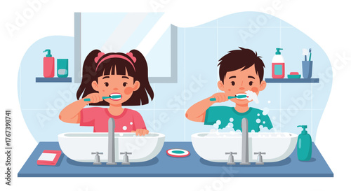 Children Brushing Teeth Together in Bathroom for Oral Hygiene.