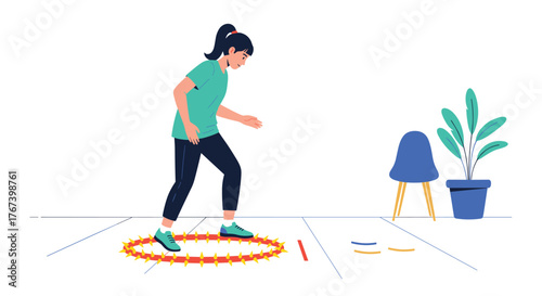 Woman focused on exercise inside a circle on floor.