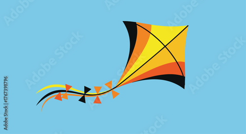 Colorful kite soaring high in the bright blue sky.