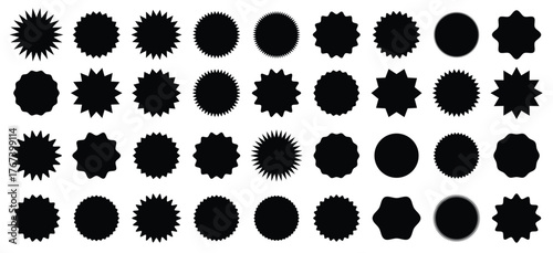 Black Circle Sticker and Badge Set, Wavy Edge Labels, Blank Sale Tags, Vintage Promo Shapes Vector, Simple silhouette, Graphic illustration.