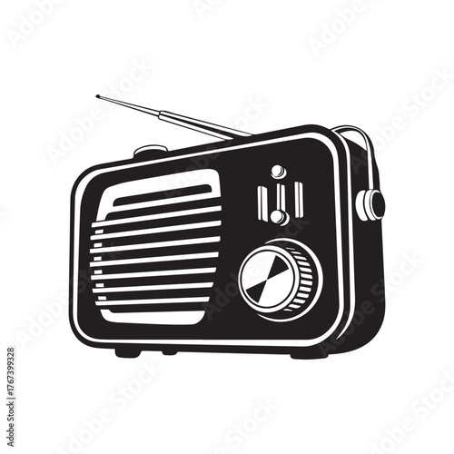 Black and White Vintage Portable Radio Silhouette On White Background.
