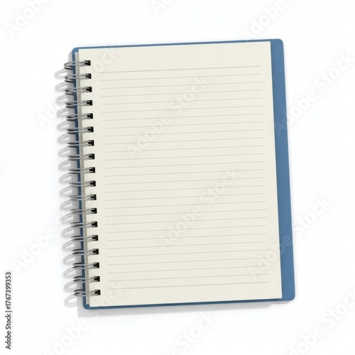 Blank lined page of an open spiral-bound notebook with a blue cover, ready for writing, study, or creative ideas on a plain white background