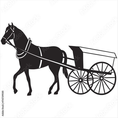 Silhouette of a horse harnessed to a wagon with spoked wheels on a white background in simple style