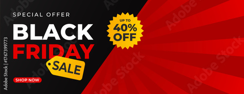 Black Friday sale banner with red comic sunburst background, up to 40% off, horizontal banner template for sales promotion, marketing ads, e-commerce, events, social media, web and headers