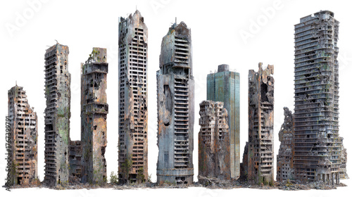 Set of Ruined Skyscrapers Isolated on transparent background Remove png, Clipping Path, pen tool