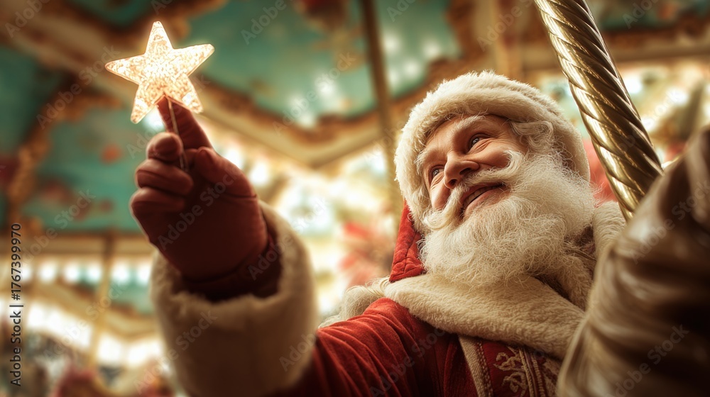 Naklejka premium Joyful Santa Claus holding a Glowing Star on Carousel, Celebrating Christmas Season