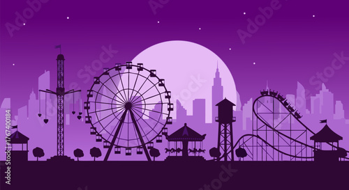 Amusement park silhouette under a starry night sky, with a Ferris wheel and roller coaster