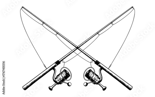 two fishing rods crossed in an X shape with reels and lines, symbolizing fishing sport and hobby.